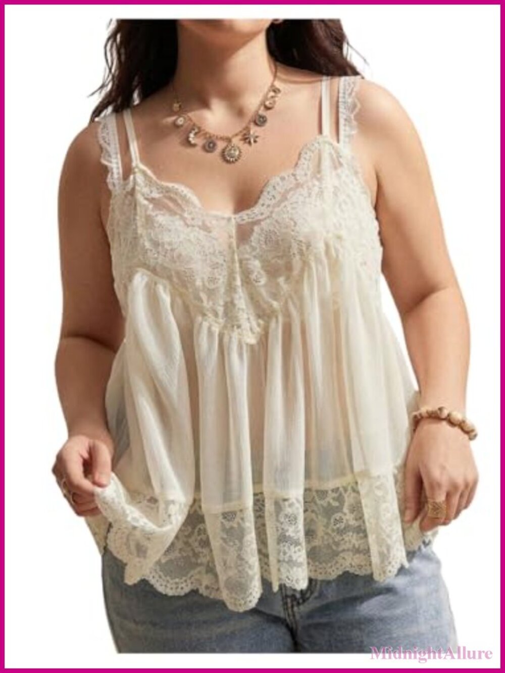 Lace Camisole Babydoll Top with Adjustable Straps, Open Back, Sheer Boho Style